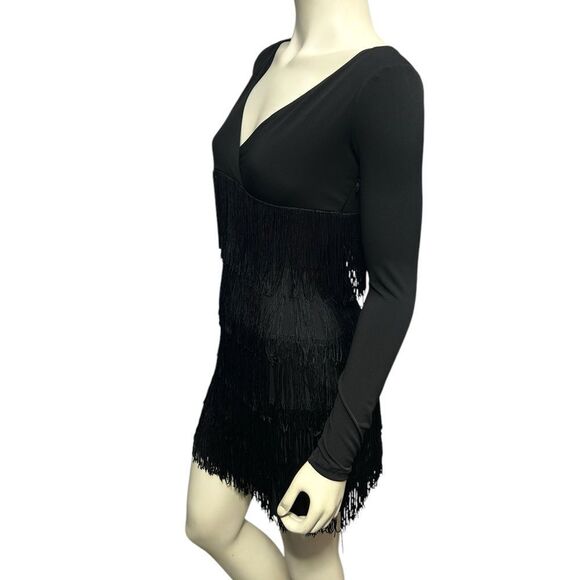 Muse for Boston Proper Black Long Sleeve Dress with Fringe Vneck Flapper Dress - Picture 2 of 10